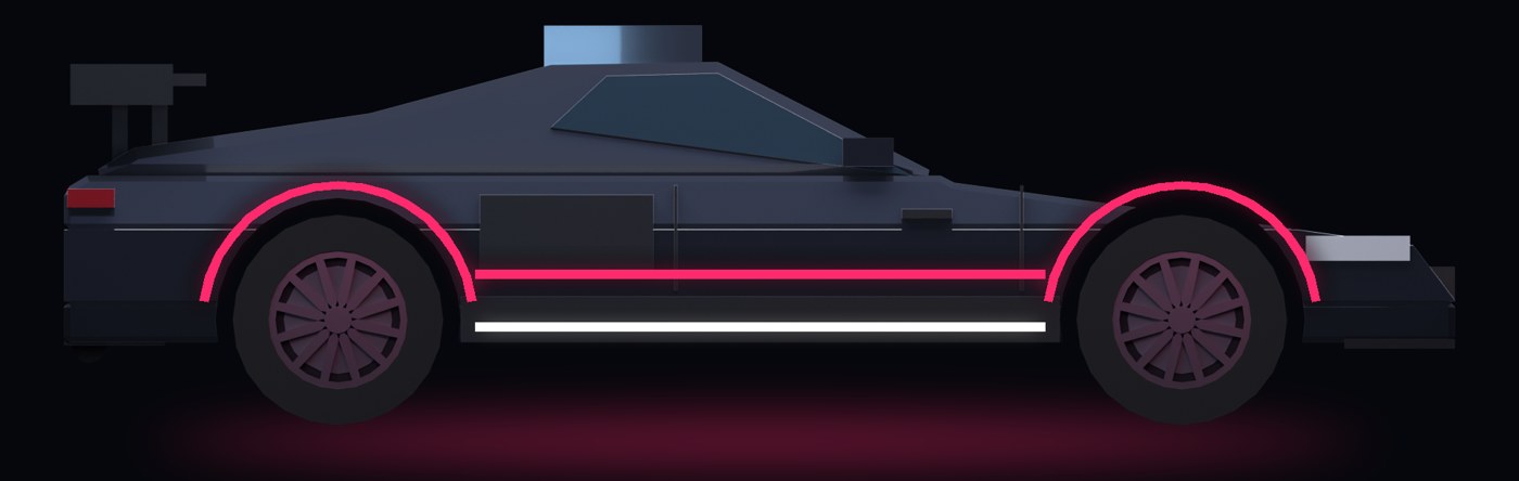 A black coupe with NULL's signature trim: white and magenta light strips along the sides and glowing wheel-arch halos