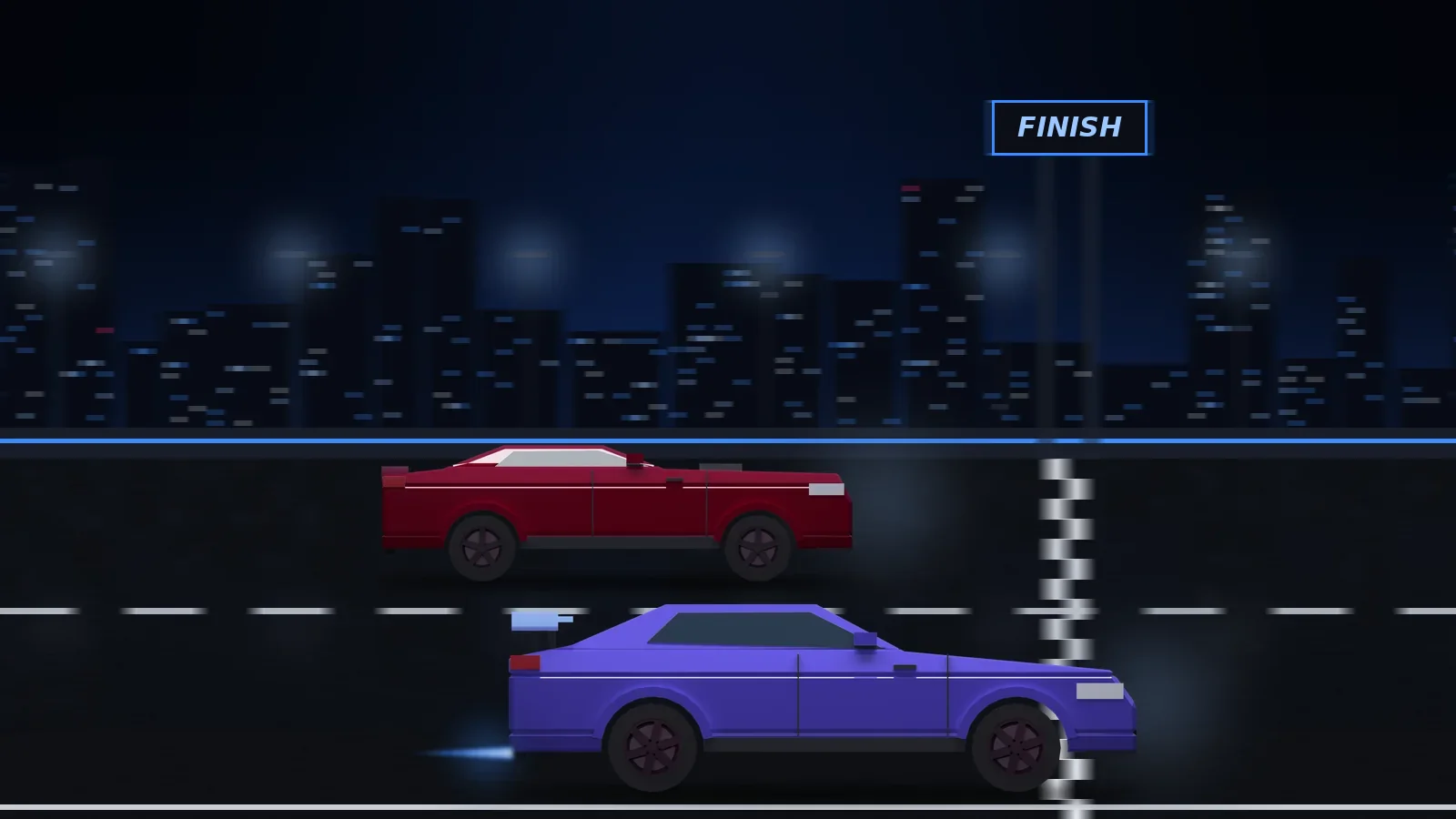 Photo finish at night: a purple coupe crosses the line ahead of a red one